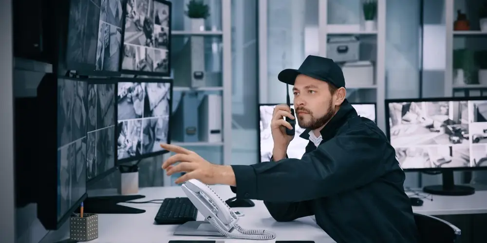 Operador de seguridad monitoreando cámaras en tiempo real